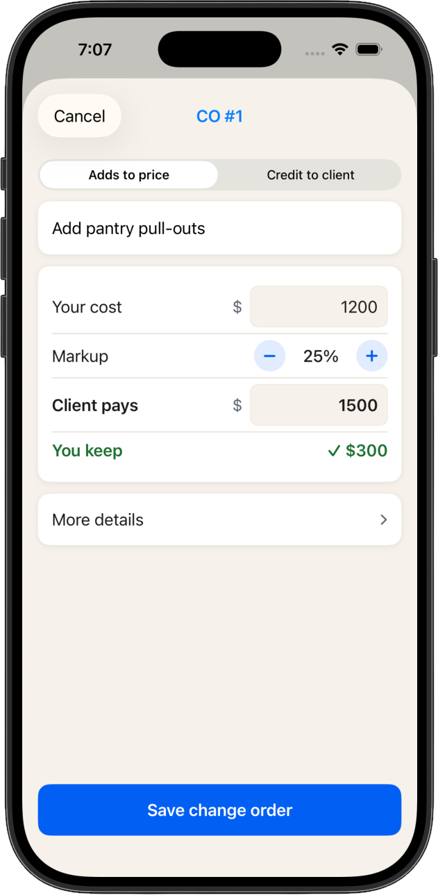 Change order screen that rolls a new item into the job price