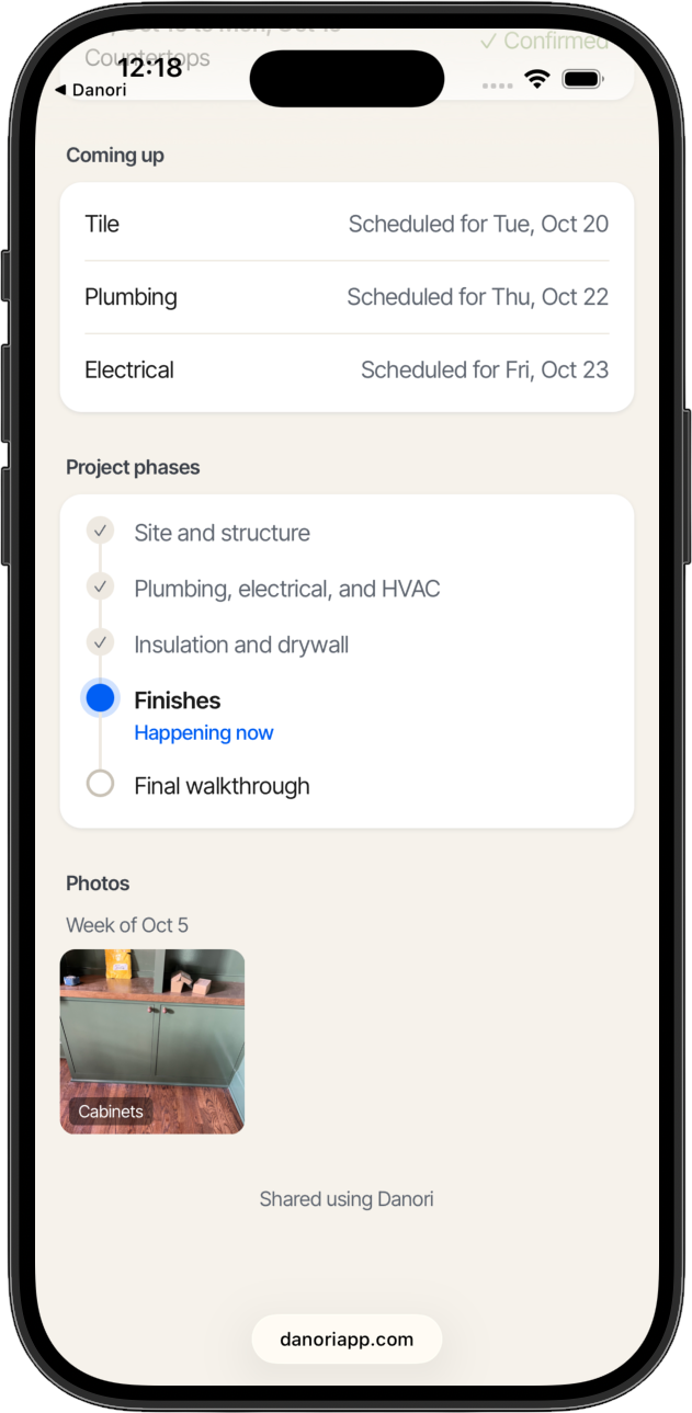 Client page showing what's coming up, project phases with one marked happening now, and a shared photo of the cabinets, with no money shown