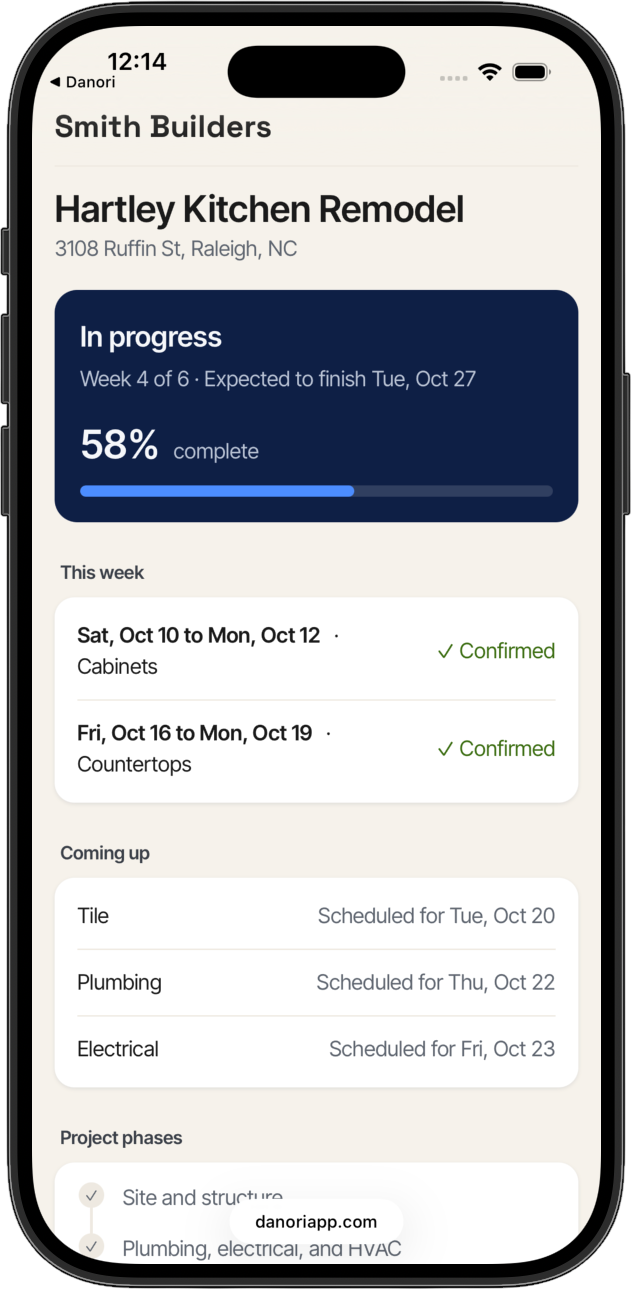 Client page showing job progress, 58% complete, this week's work, and what's coming up, with no money