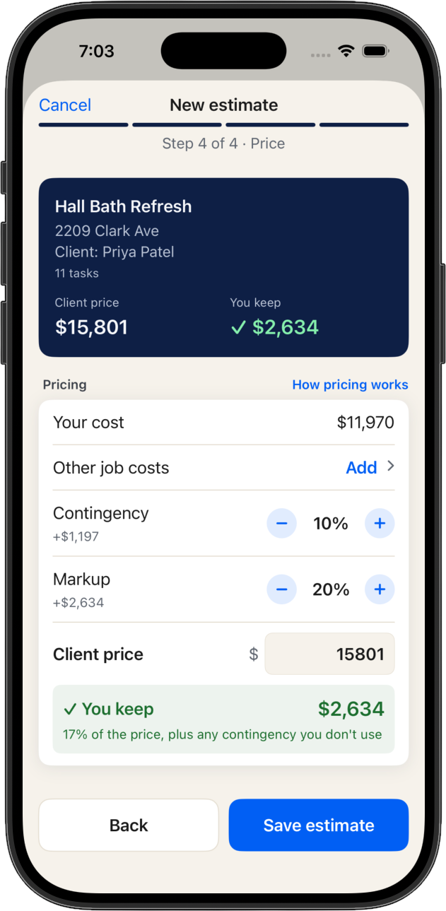 Estimate screen showing client price and what you keep