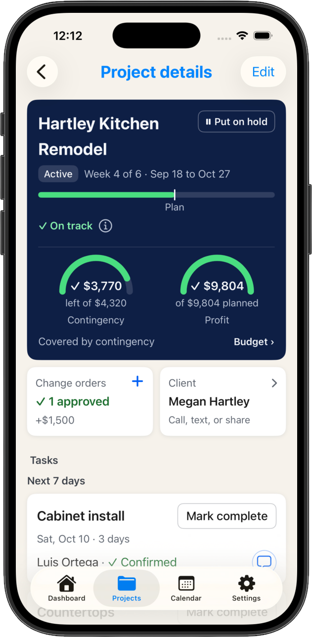 Project details with contingency and profit gauges
